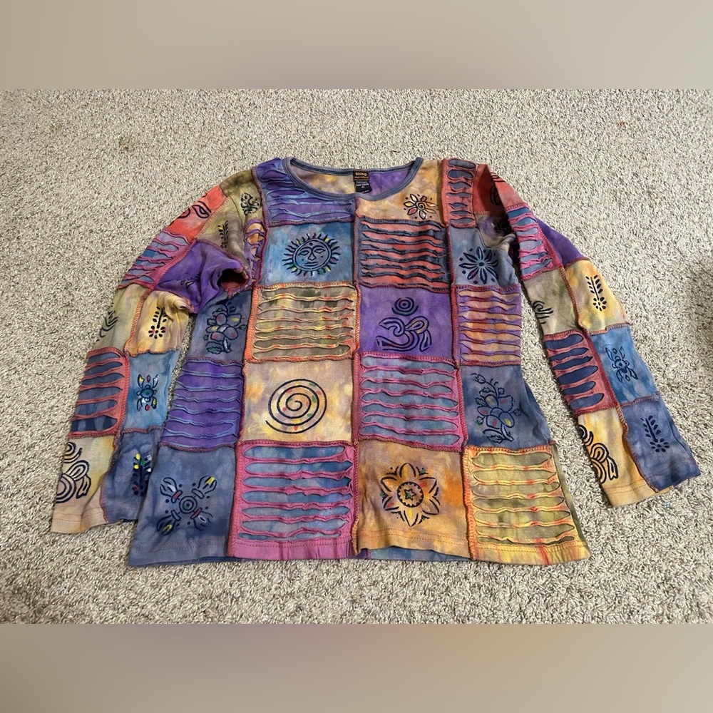 Rising International Colorful Patchwork Boho Long Sleeve Top Multicolor Size XL